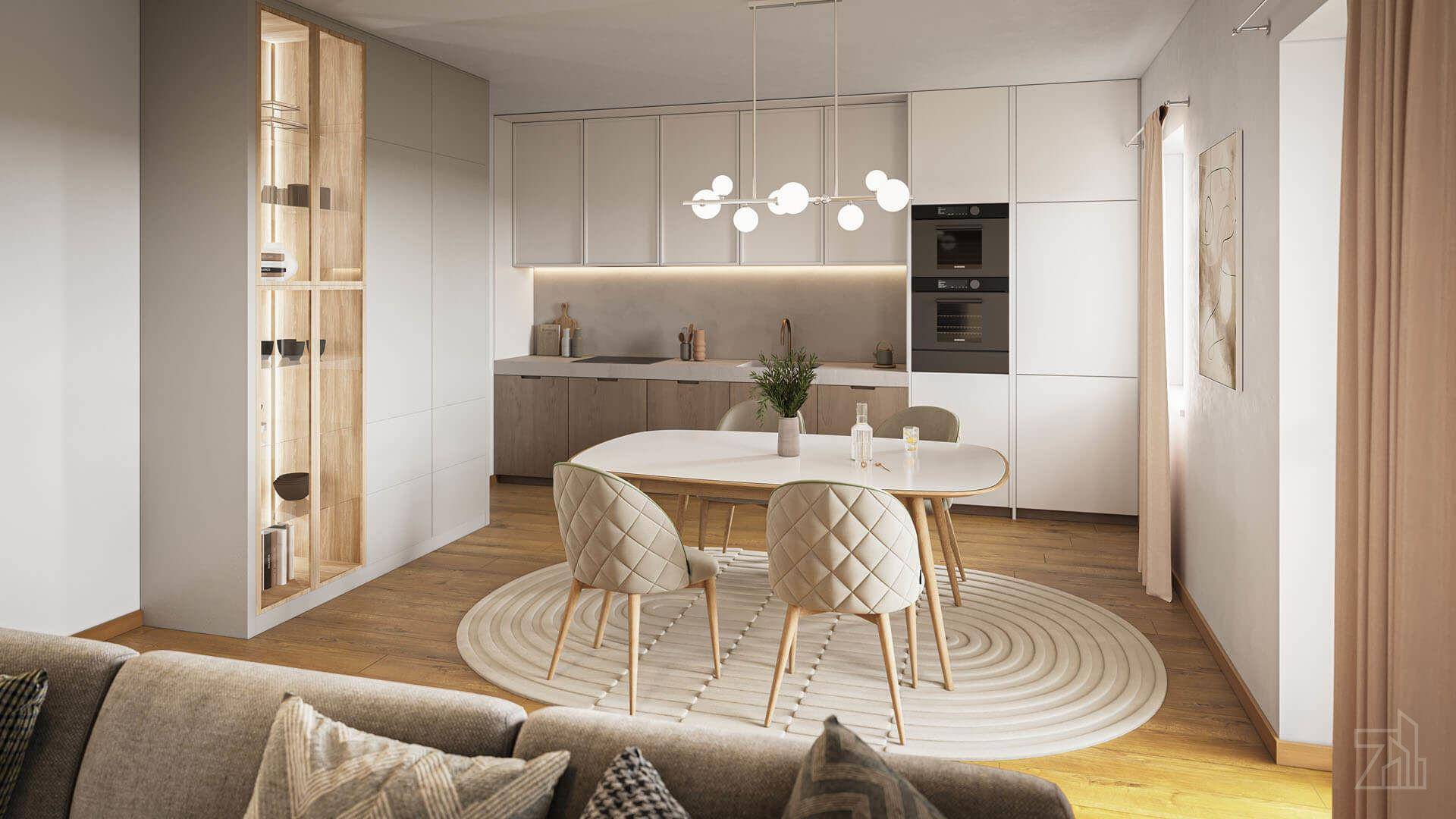 Moderne Küche mit integrierten Geräten und Essbereich, offen zum Wohnraum gestaltet.