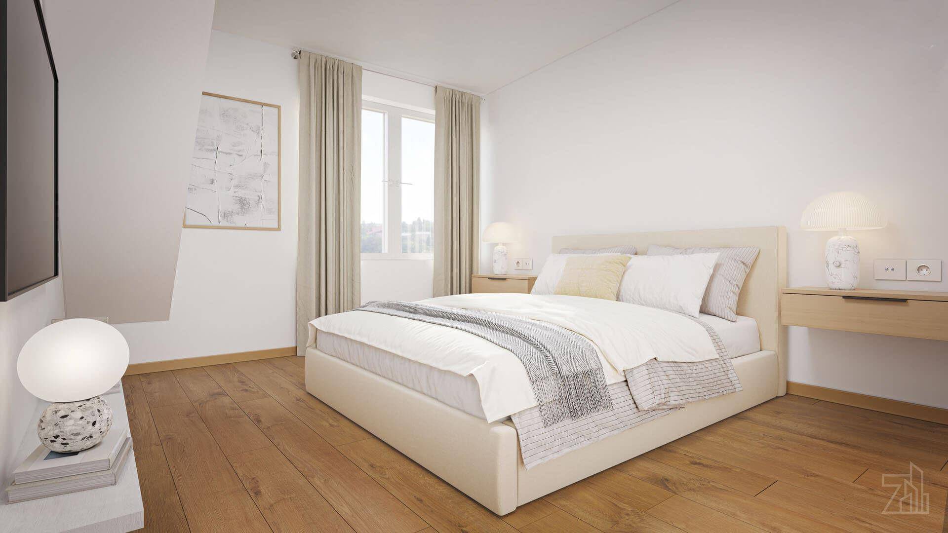 Helles Schlafzimmer mit Doppelbett, Holzboden und großem Fenster für viel Tageslicht.