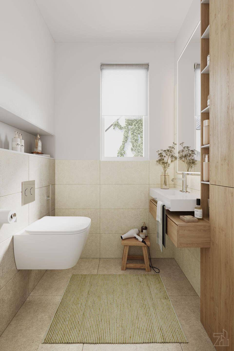 Modernes Badezimmer mit wandhängendem WC, Einzelwaschbecken und Fenster für natürliches Licht.