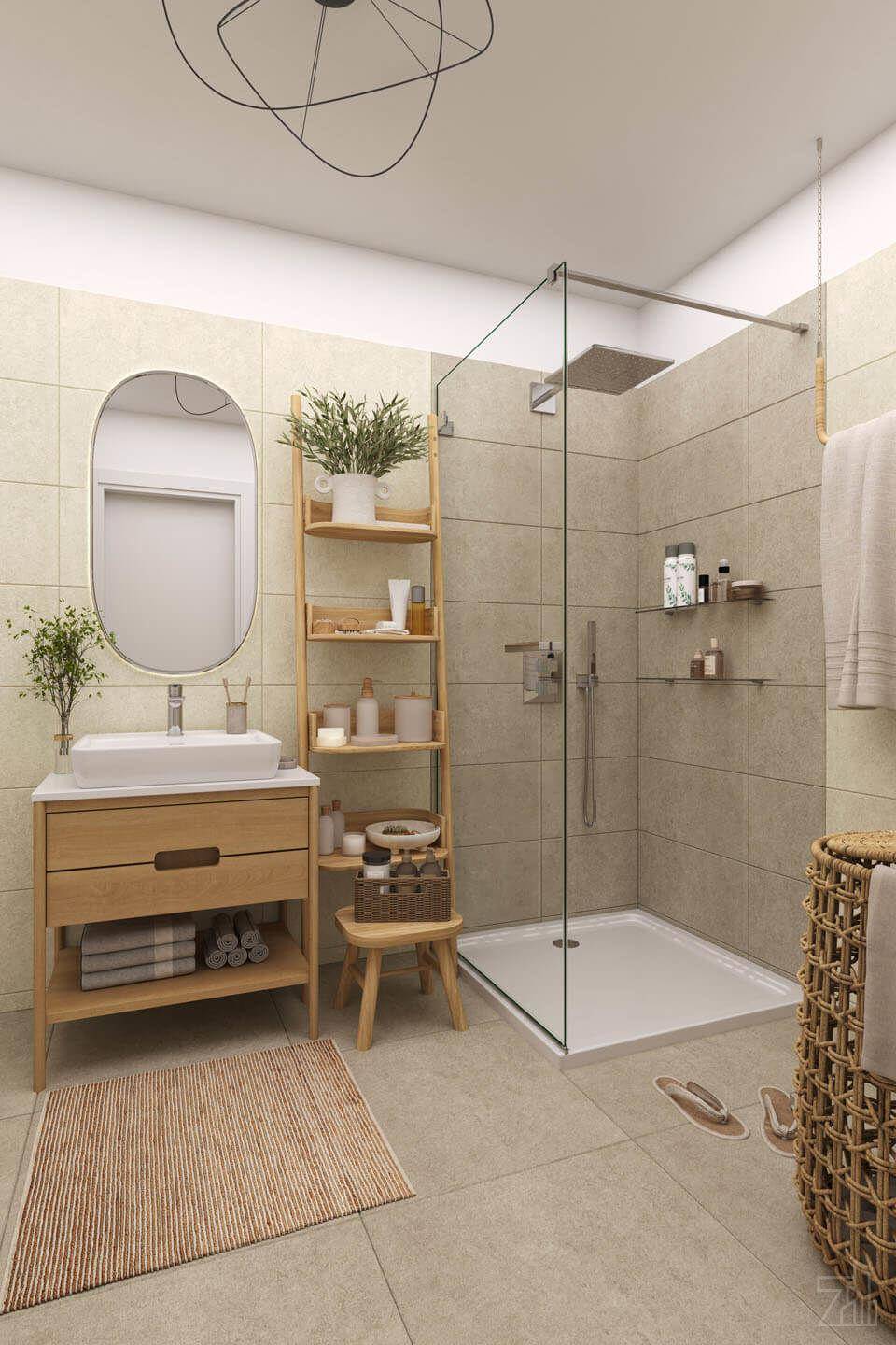 Modernes Badezimmer mit begehbarer Dusche, Einzelwaschbecken und hellen Fliesen an Wänden und Boden.