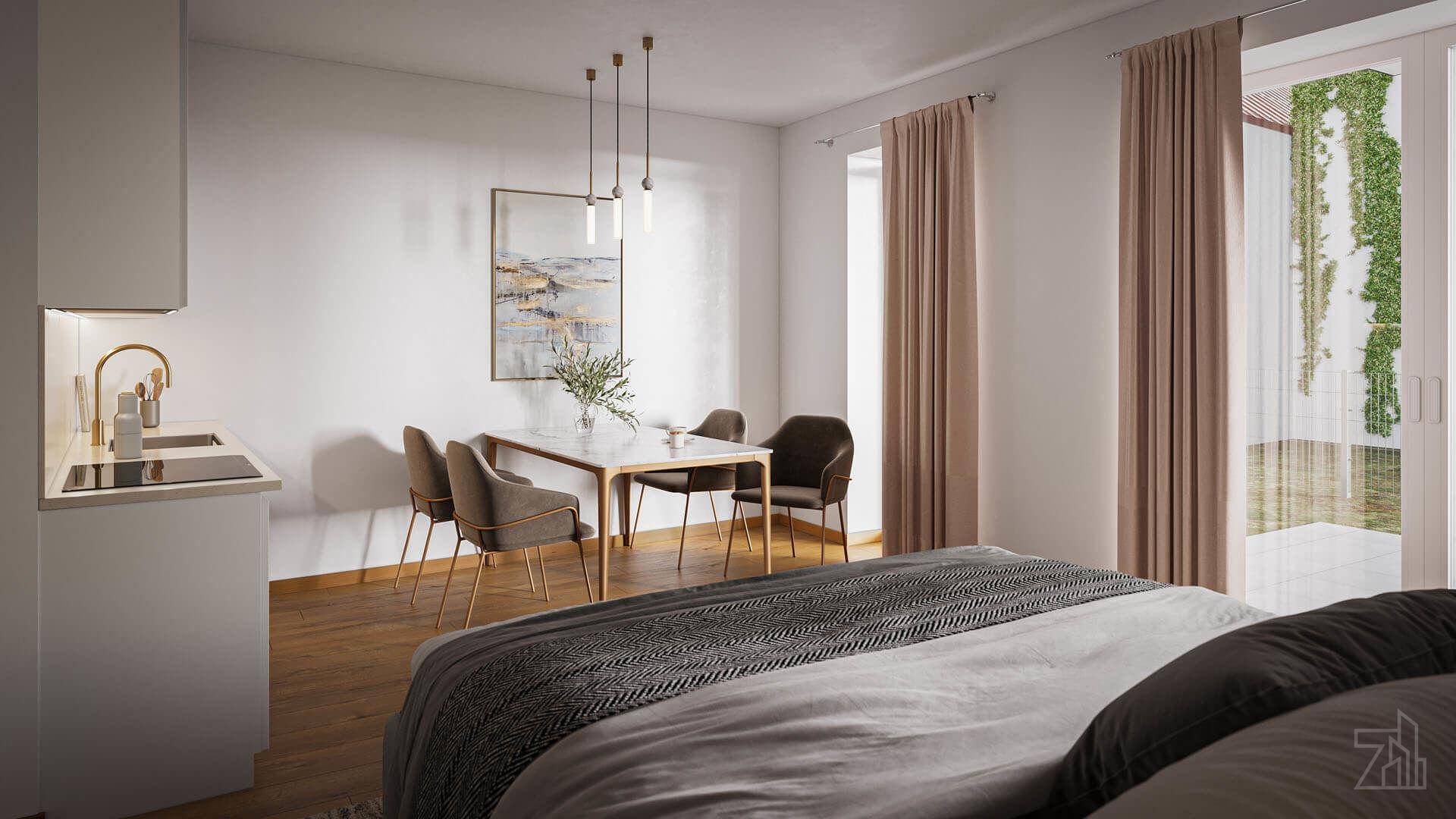 Helles Studio-Apartment mit Schlafbereich, Küchenzeile und Zugang zum Außenbereich durch eine Tür.