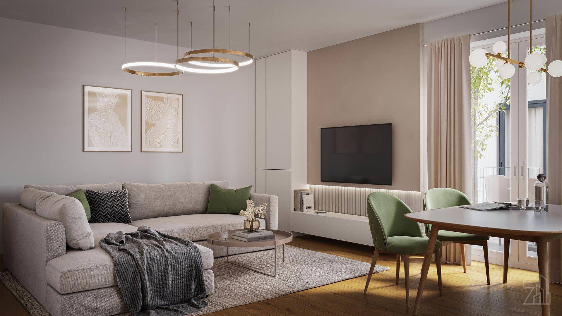 Moderner Wohn- und Essbereich mit bequemer Couch, Holzboden und stilvoller Beleuchtung.