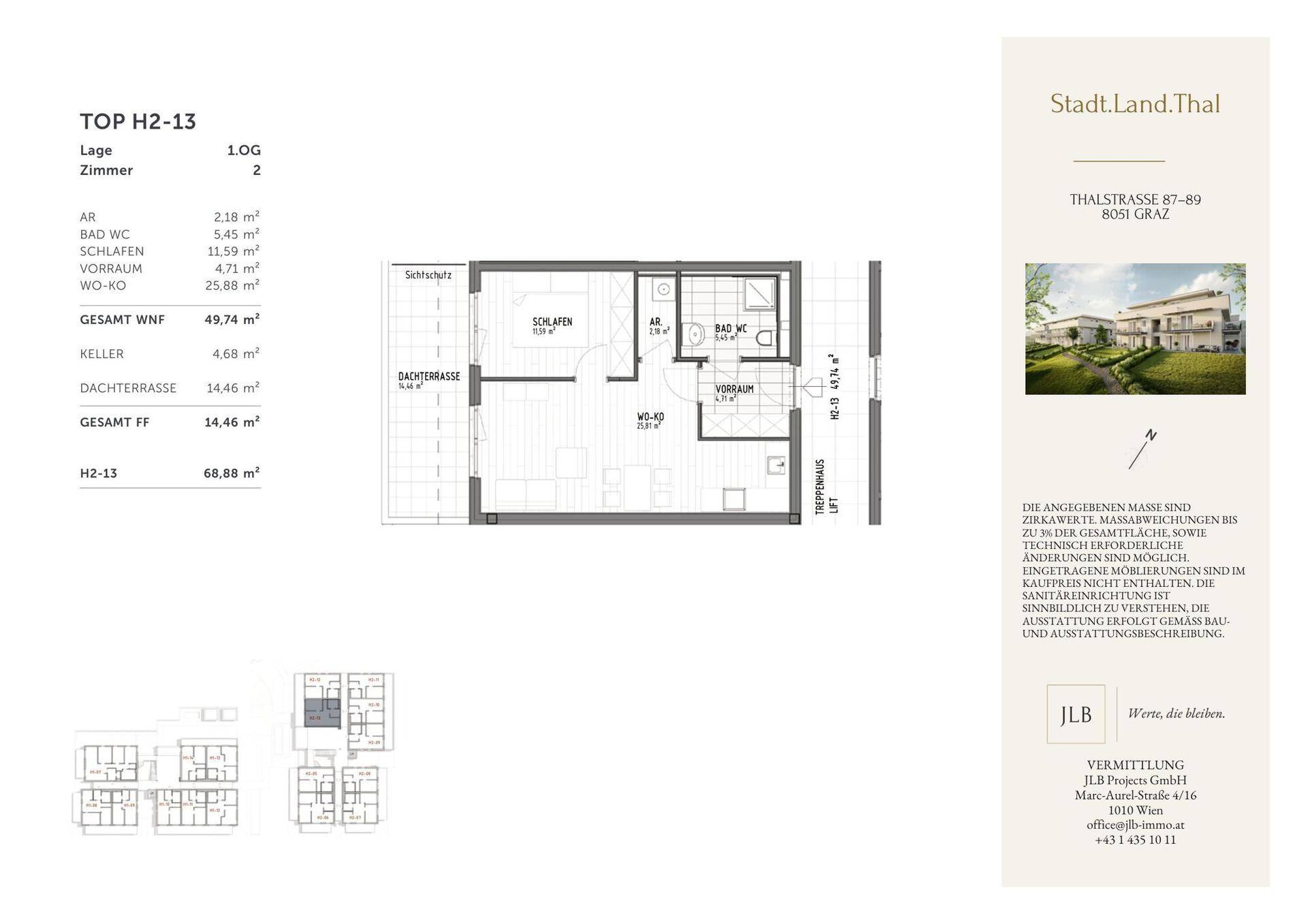 Grundriss einer 2-Zimmer-Wohnung mit Schlafzimmer, offener Wohnküche, Bad und großer Dachterrasse.