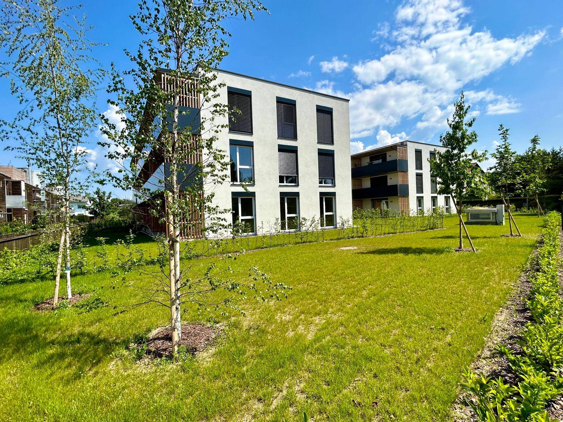 Modernes Wohnhaus in einer grünen Umgebung mit gepflegtem Rasen und jungen Bäumen.