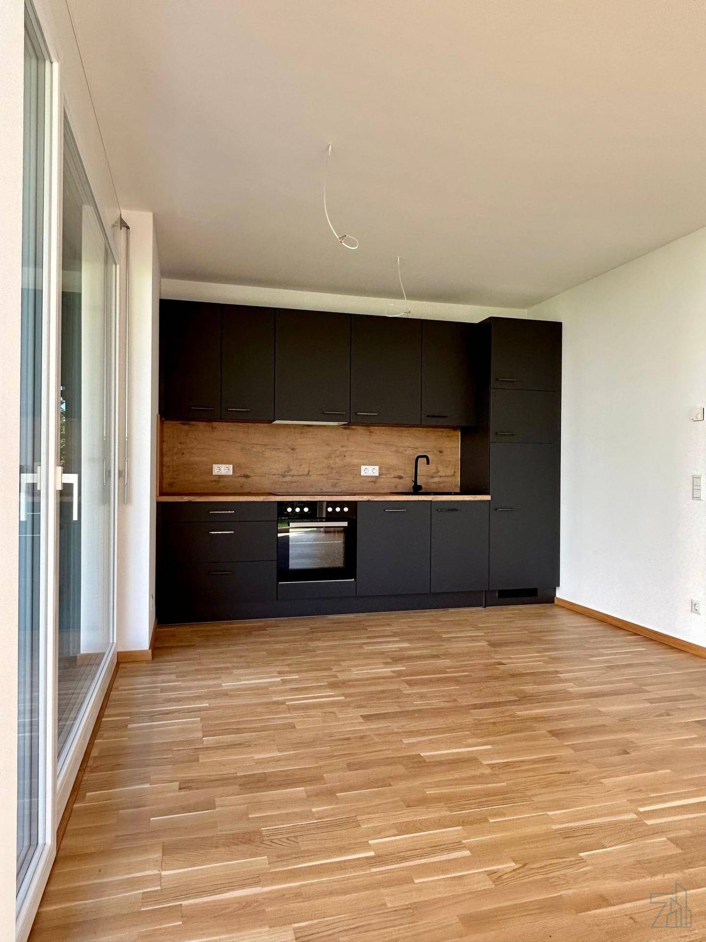 Moderne schwarze Einbauküche mit Holzakzenten und integrierten Geräten in einem hellen Raum.