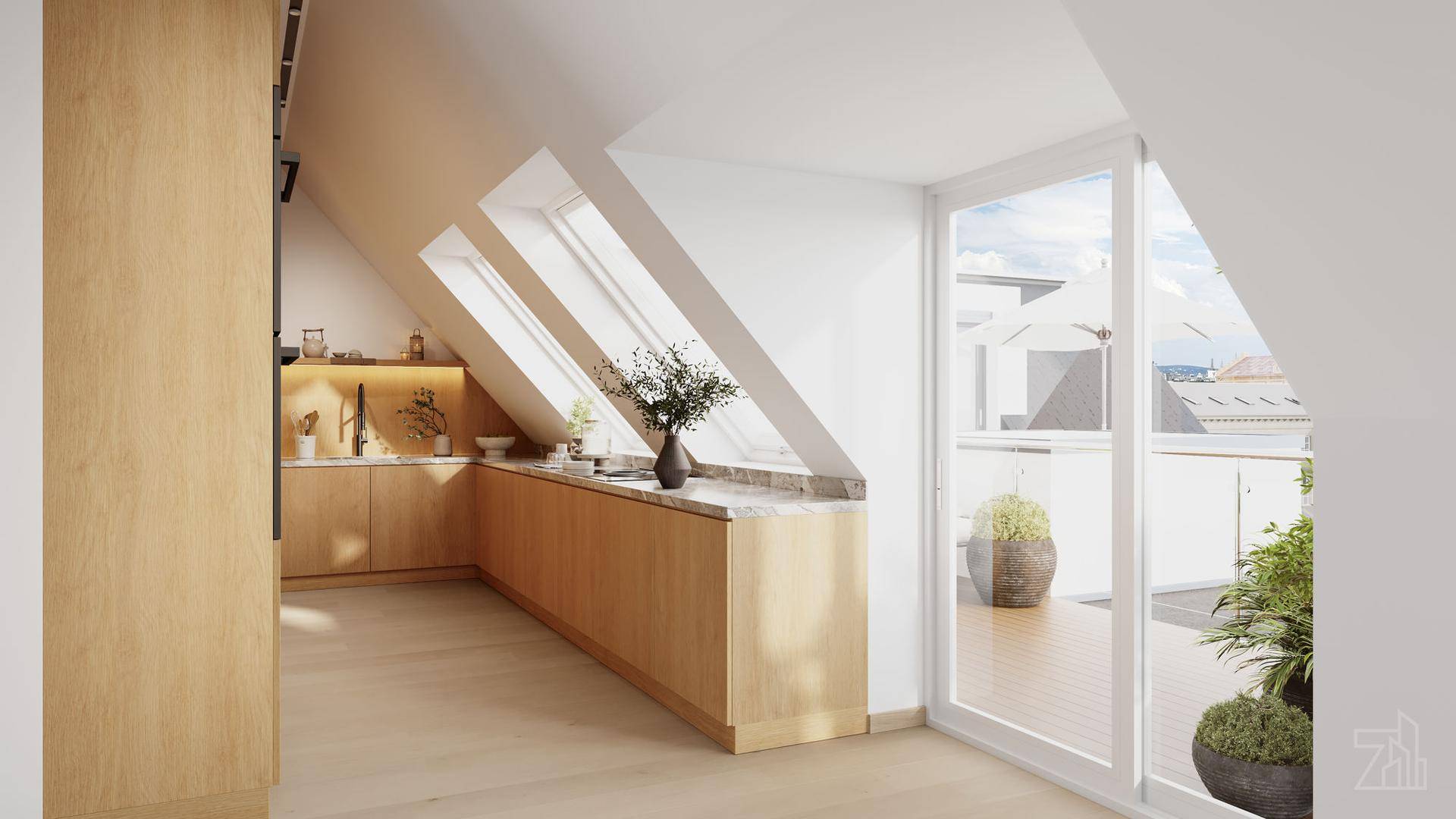Moderne Holzküche im Dachgeschoss mit Marmorarbeitsplatte und Zugang zur Terrasse.