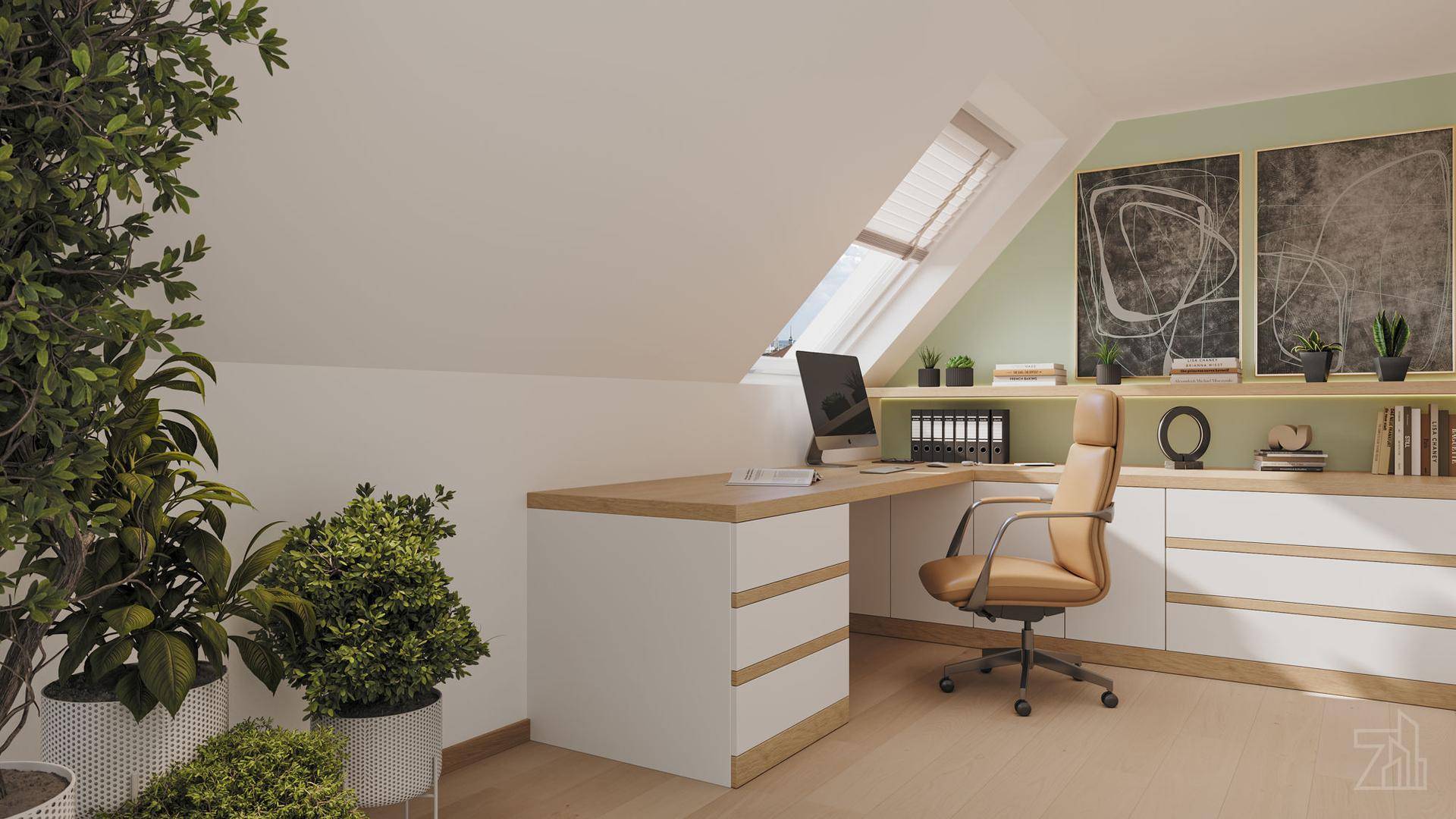 Helles Arbeitszimmer im Dachgeschoss mit Schreibtisch, Stauraum und viel Grünpflanzen.