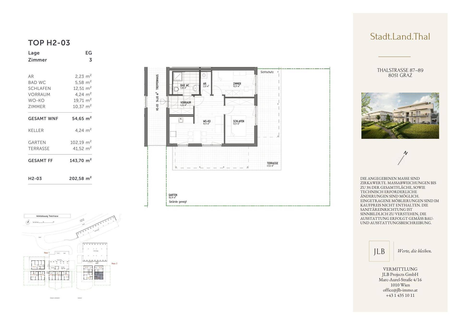 Grundriss der Wohnung H2-03 mit offenem Wohn-Kochbereich, Schlafzimmer und Zugang zu Terrasse und Garten.