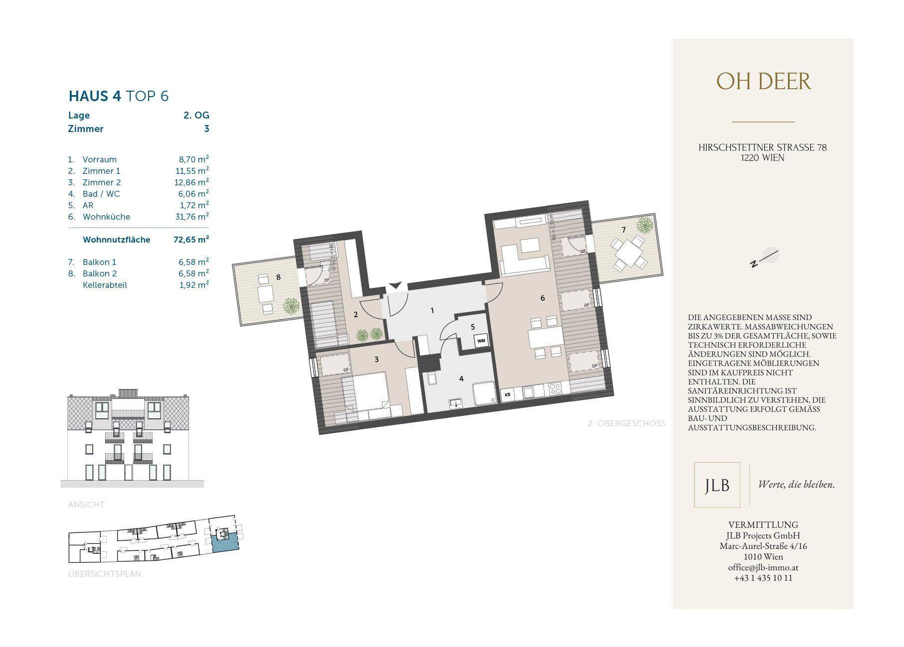 Grundriss von Haus 4 Top 6 im 2. Obergeschoss mit offener Wohnküche, zwei Schlafzimmern, Bad und zwei Balkonen.