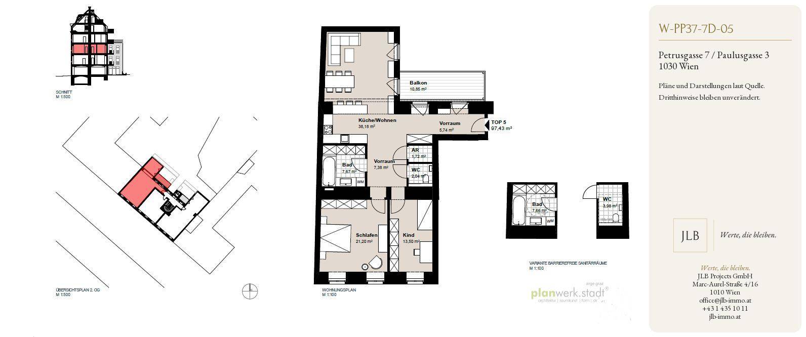 Grundriss einer Wohnung mit offenem Wohn-/Kochbereich, zwei Schlafzimmern und einem Balkon.