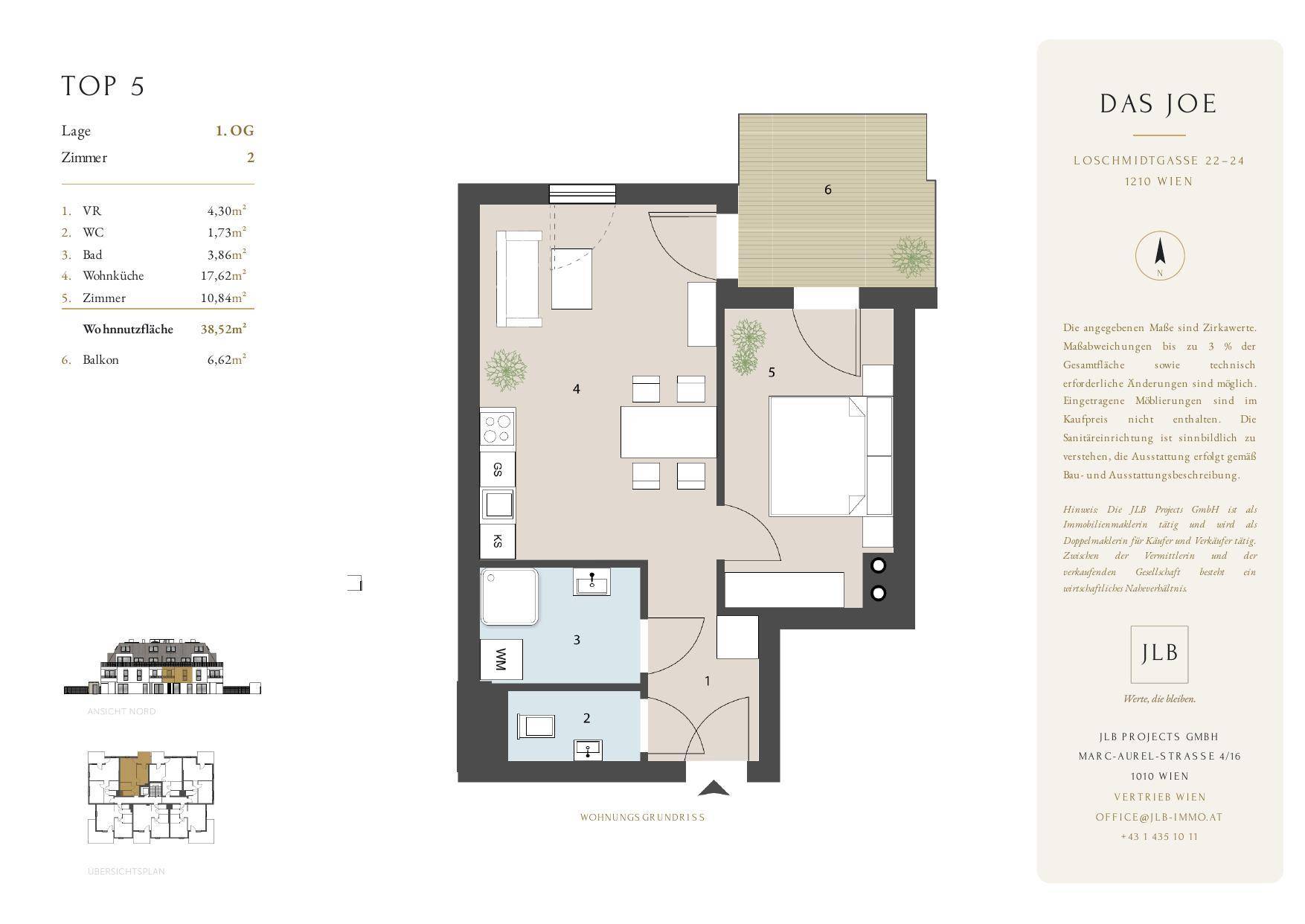 Grundriss einer Wohnung mit Wohnküche, Schlafzimmer, Bad und Balkon auf der ersten Etage.