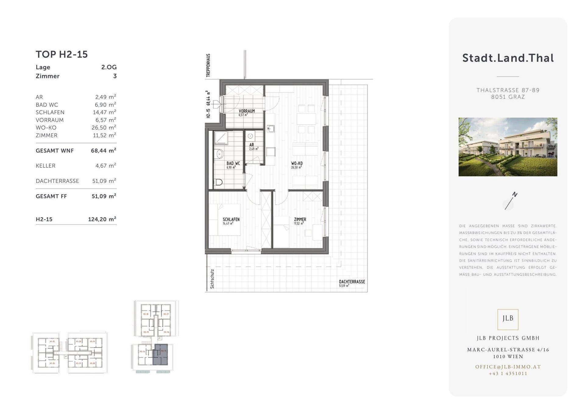 Detaillierter Grundriss der Wohnung H2-15 mit Raumaufteilung und Flächenangaben.