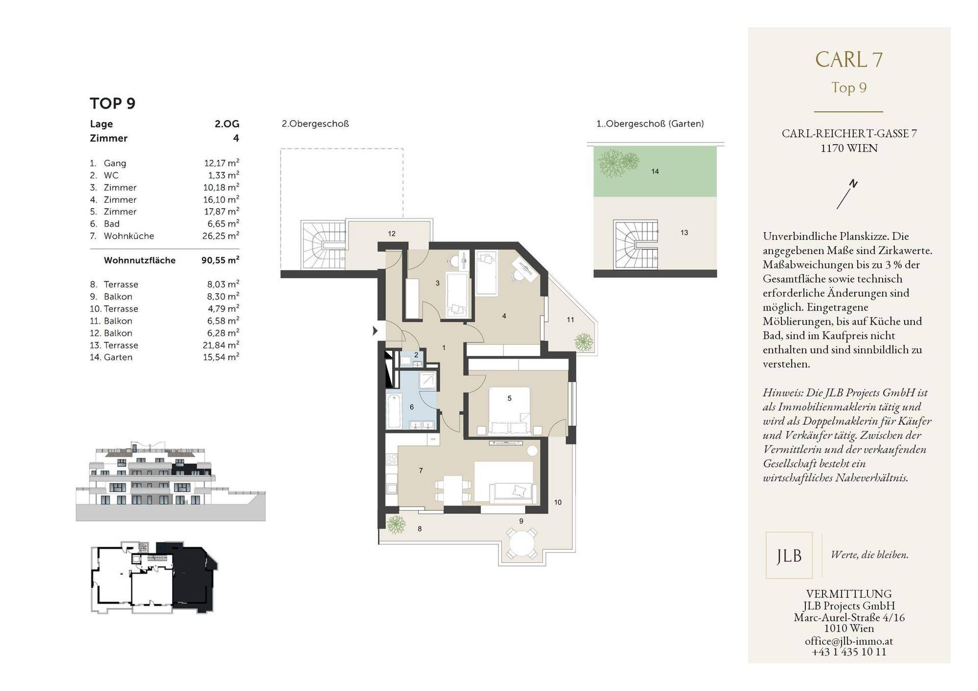 Grundriss einer Wohnung mit mehreren Zimmern, offener Wohnküche, separatem Bad und WC, sowie Zugang zu Terrasse und Garten.