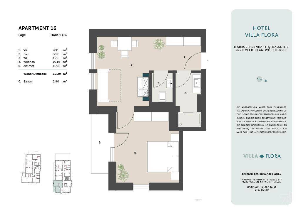Grundriss der Wohnung 16 im ersten Obergeschoss mit Balkon und effizienter Raumaufteilung.