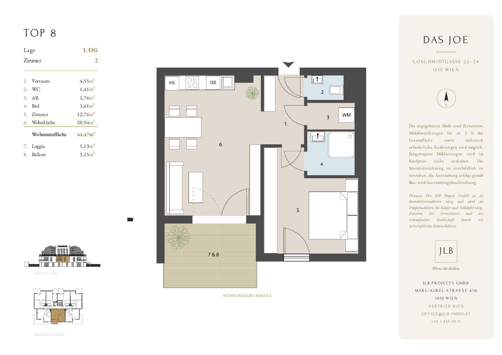 Grundriss einer Wohnung mit offenem Wohnbereich, Loggia und Balkon.