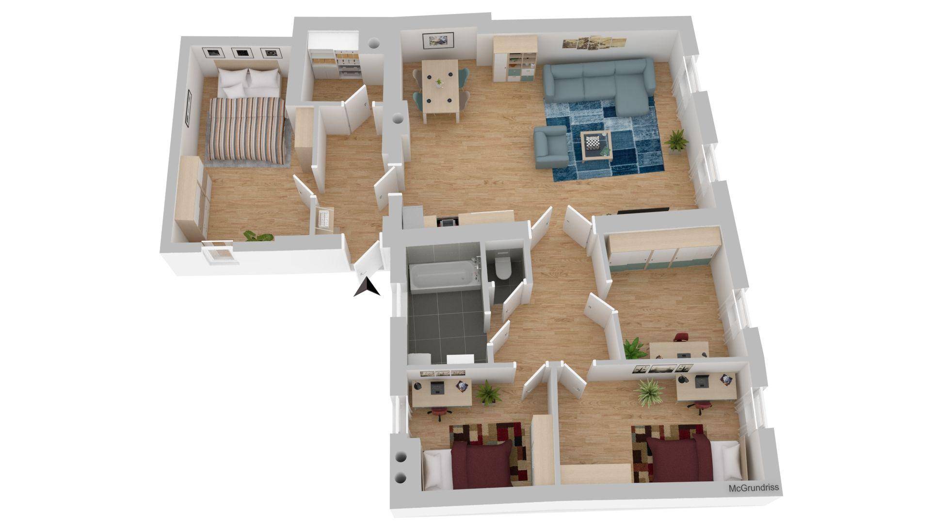 3D-Grundriss einer Wohnung mit mehreren Zimmern, Bad und offenem Wohnbereich.