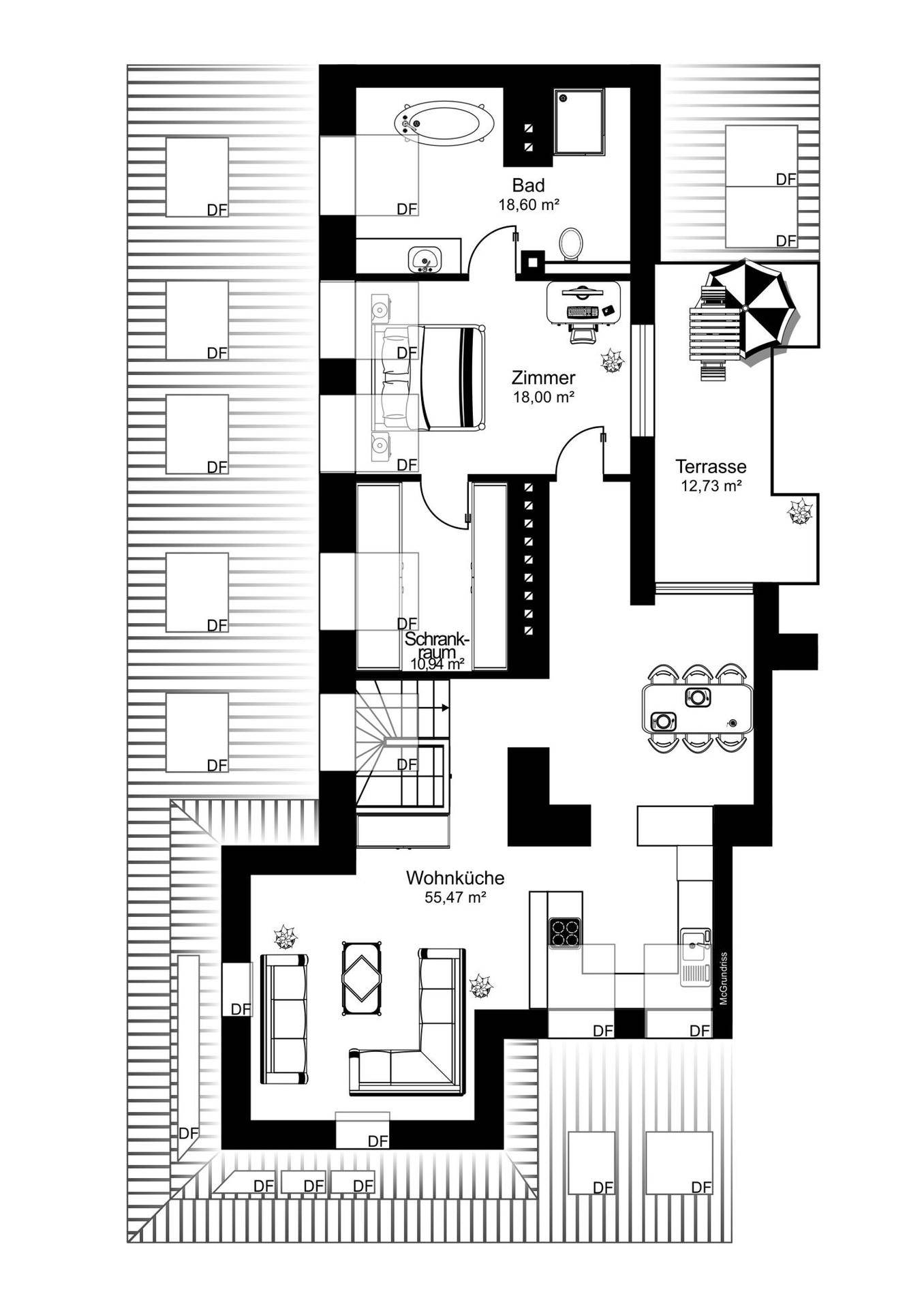 Grundrissplan mit offener Wohnküche, Zimmer, Bad und großer Terrasse.