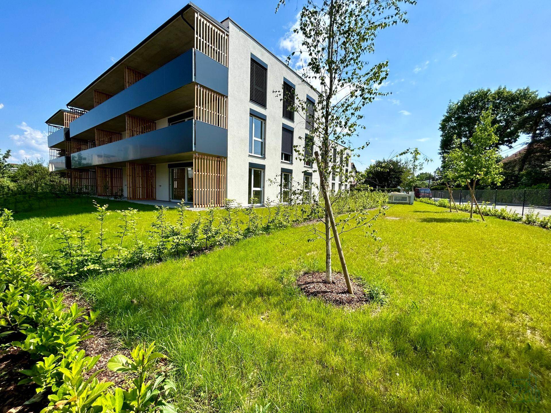 Modernes Mehrfamilienhaus mit gepflegter Grünfläche und jungen Bäumen im Vordergrund.