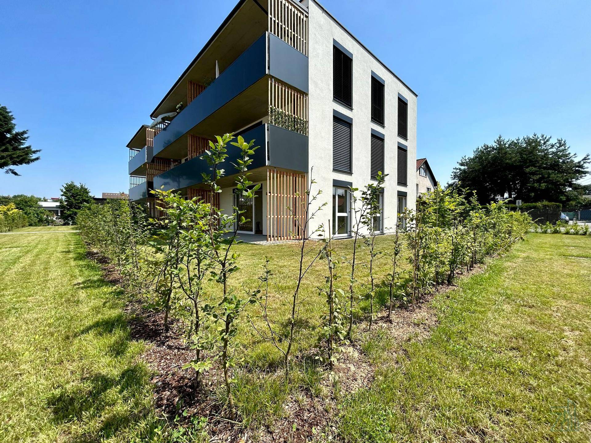 Neubau-Wohngebäude mit Balkonen und jungen Hecken in einer sonnigen Umgebung.