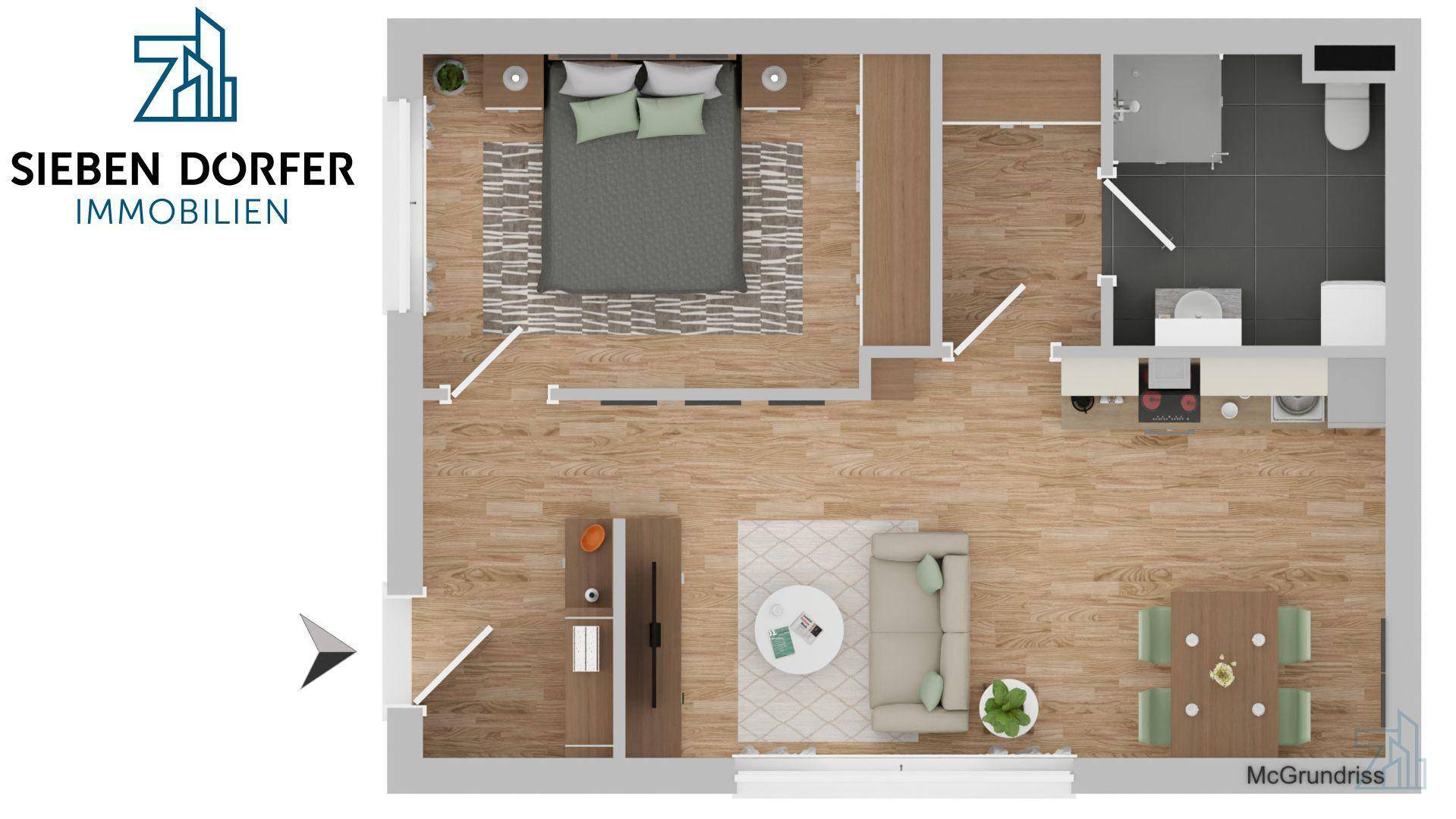 Detaillierter Grundriss einer Wohnung mit Schlafzimmer, offenem Wohnbereich und Bad.