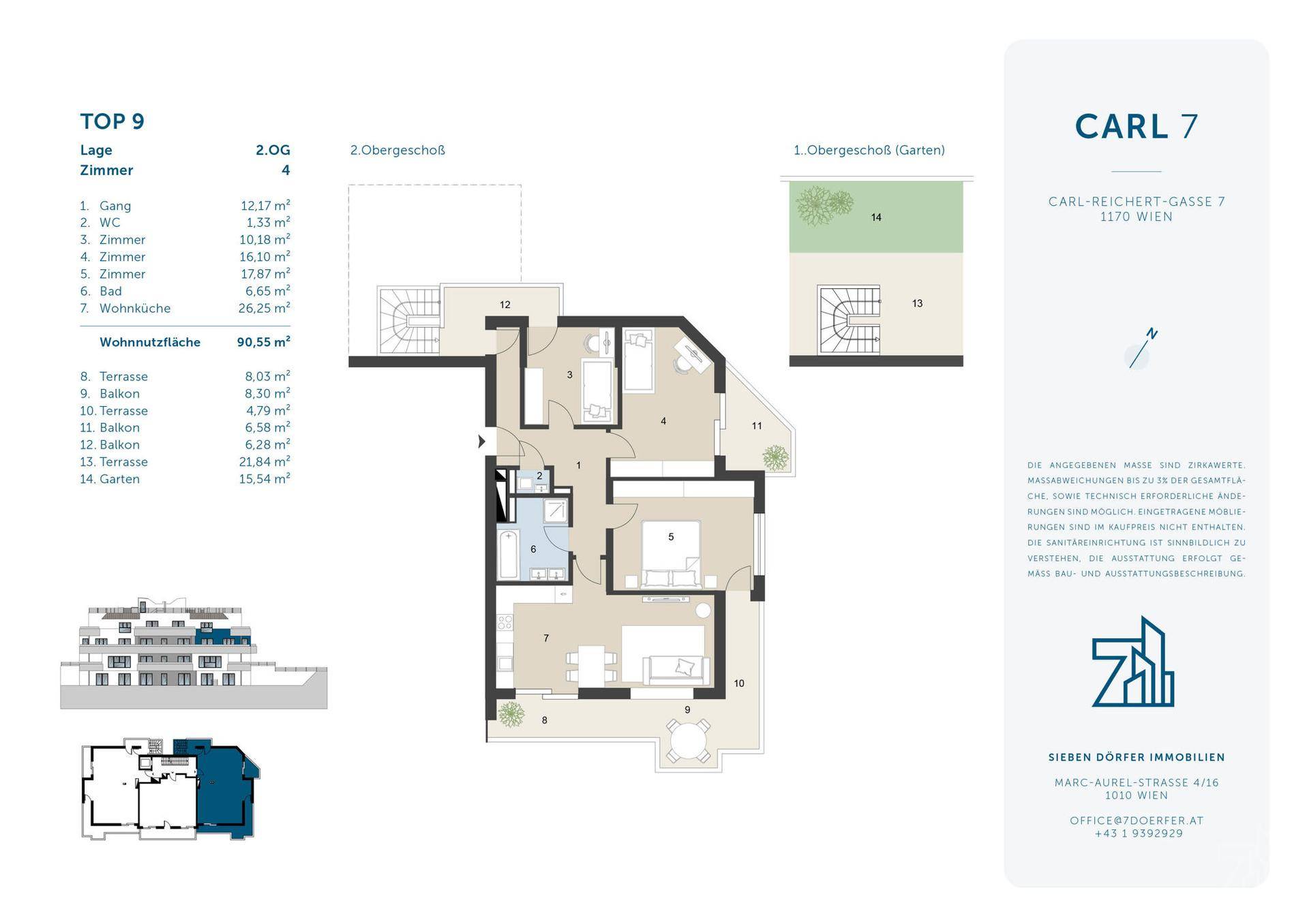 Detaillierter Grundriss der Wohnung TOP 9 mit mehreren Zimmern und Außenbereichen.