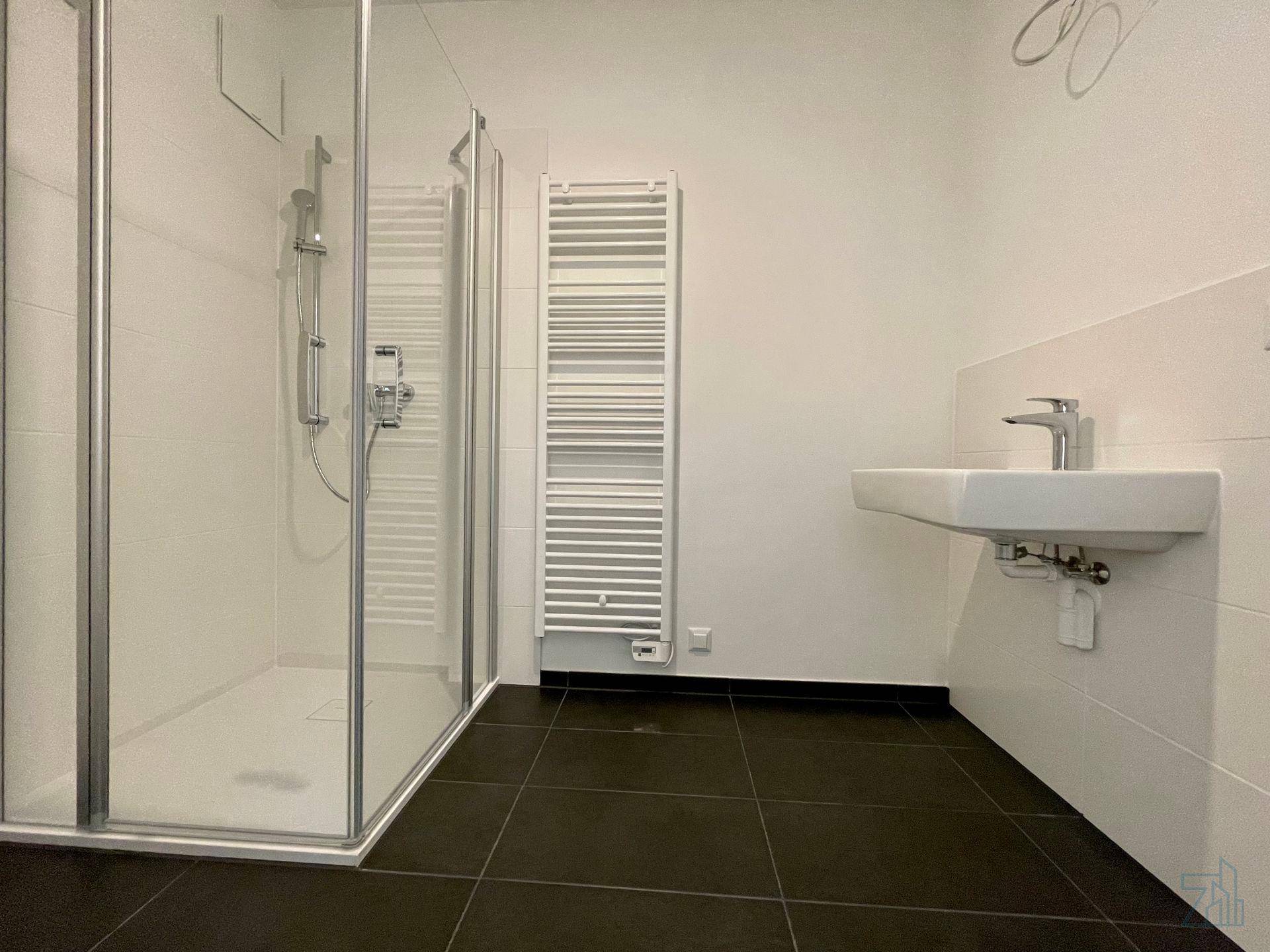 Modernes Badezimmer mit ebenerdiger Dusche, Einzelwaschbecken und beheiztem Handtuchhalter.