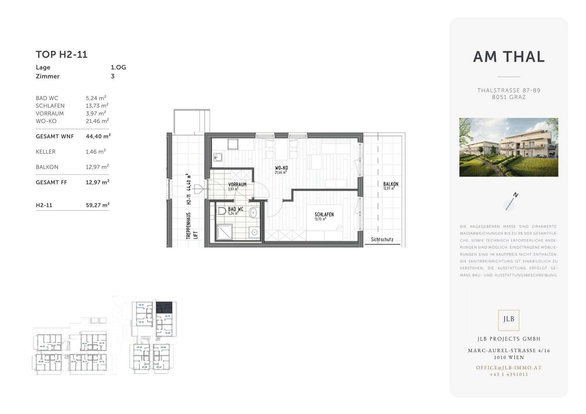 Grundriss der Wohnung H2-11 mit Balkon und detaillierten Flächenangaben.