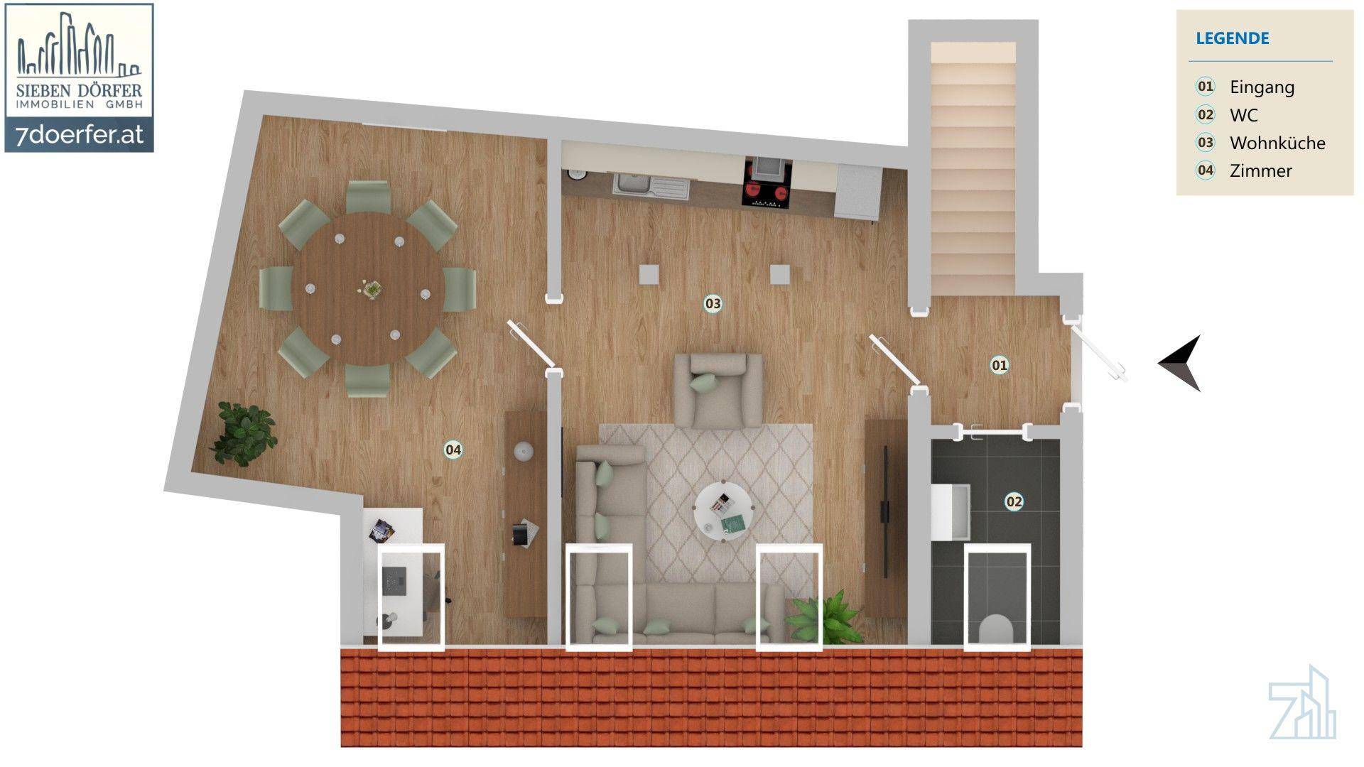 3D-Grundriss einer Wohnung mit Dachterrasse und offenem Wohn-Essbereich.