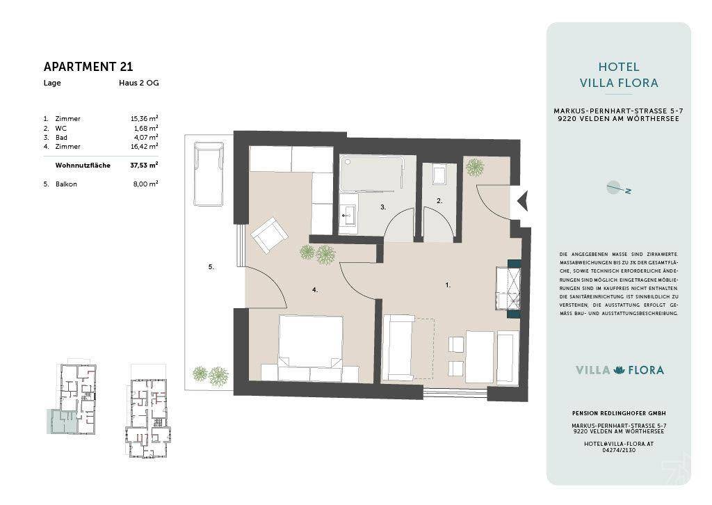 Grundriss der Wohnung 21 mit zwei Zimmern, Bad, WC und Balkon.