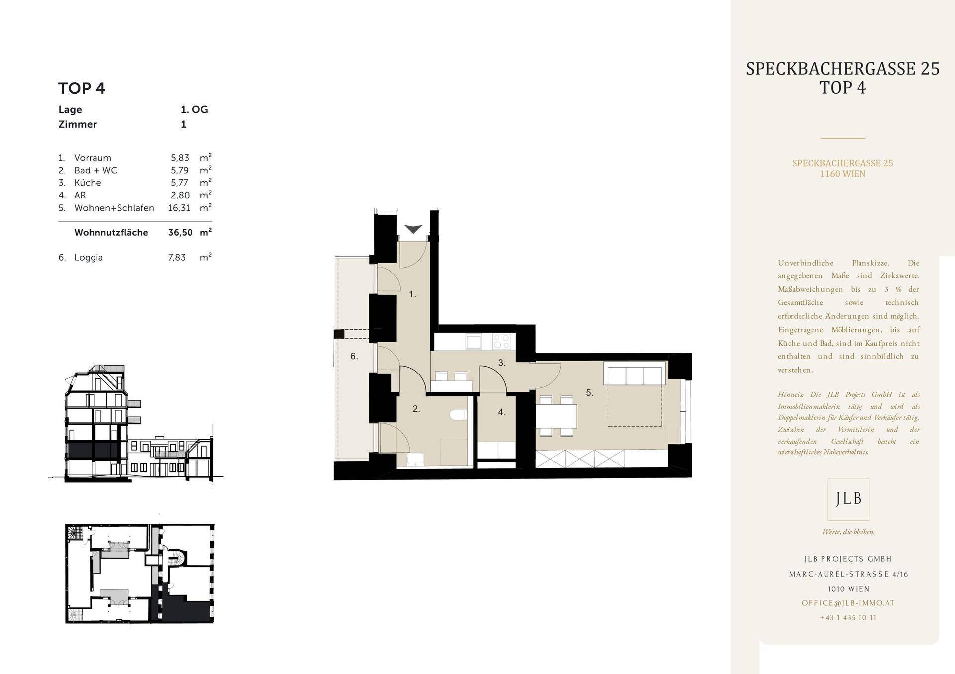 Grundriss der Wohnung TOP 4 mit Loggia, separatem WC und großzügigen Fensterflächen.