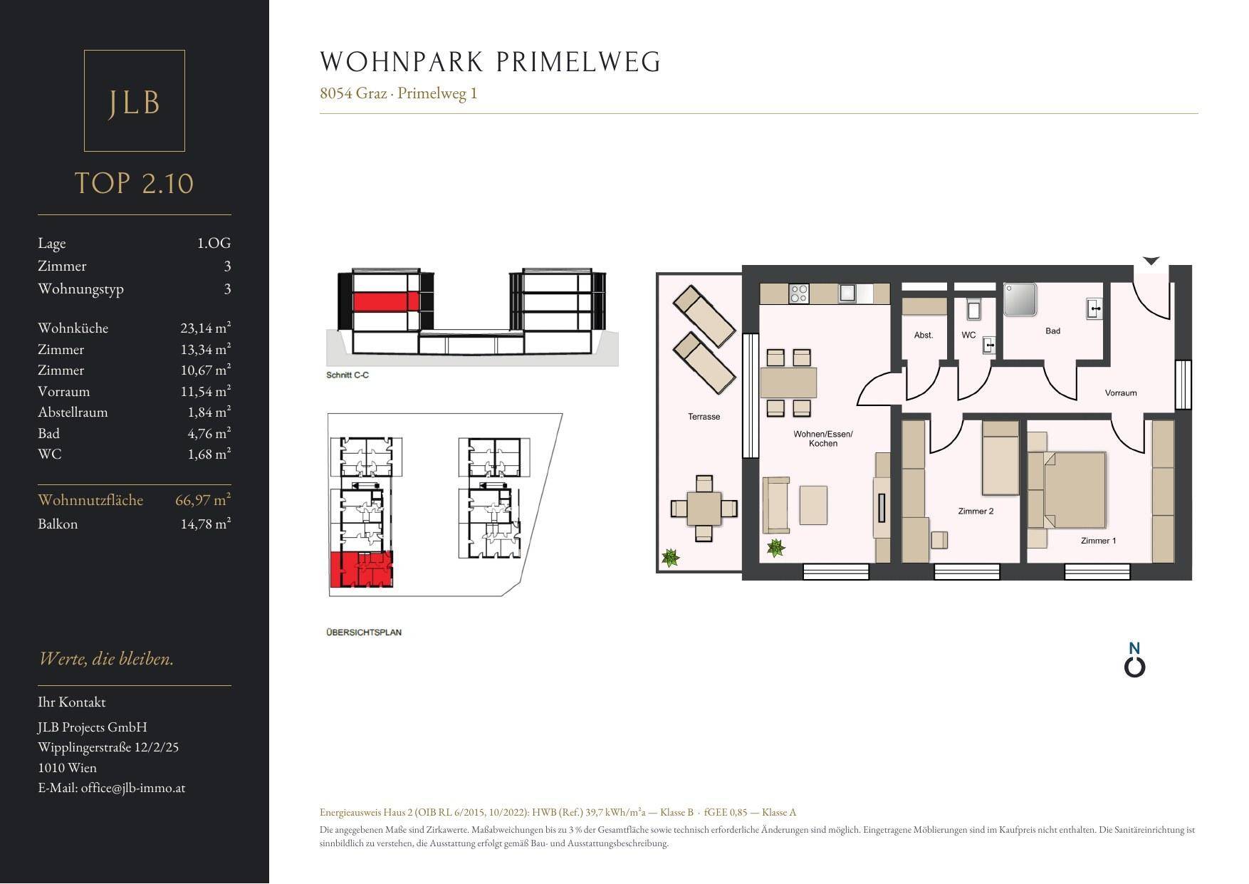 Detaillierter Grundriss von TOP 2.10 mit offener Wohnküche, zwei Schlafzimmern und Terrasse.