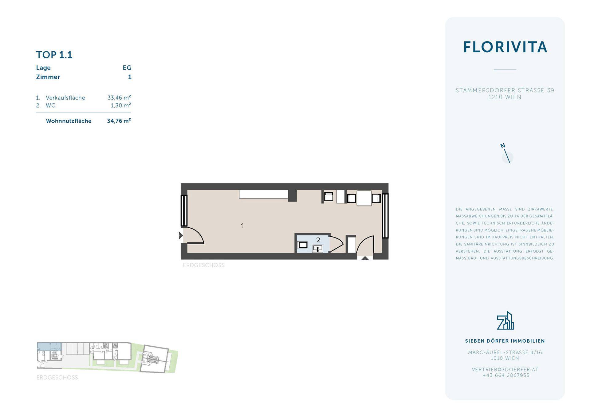 Grundriss für TOP 1.1 mit einer Wohnnutzfläche von 34,76 m² und separatem WC im Erdgeschoss.
