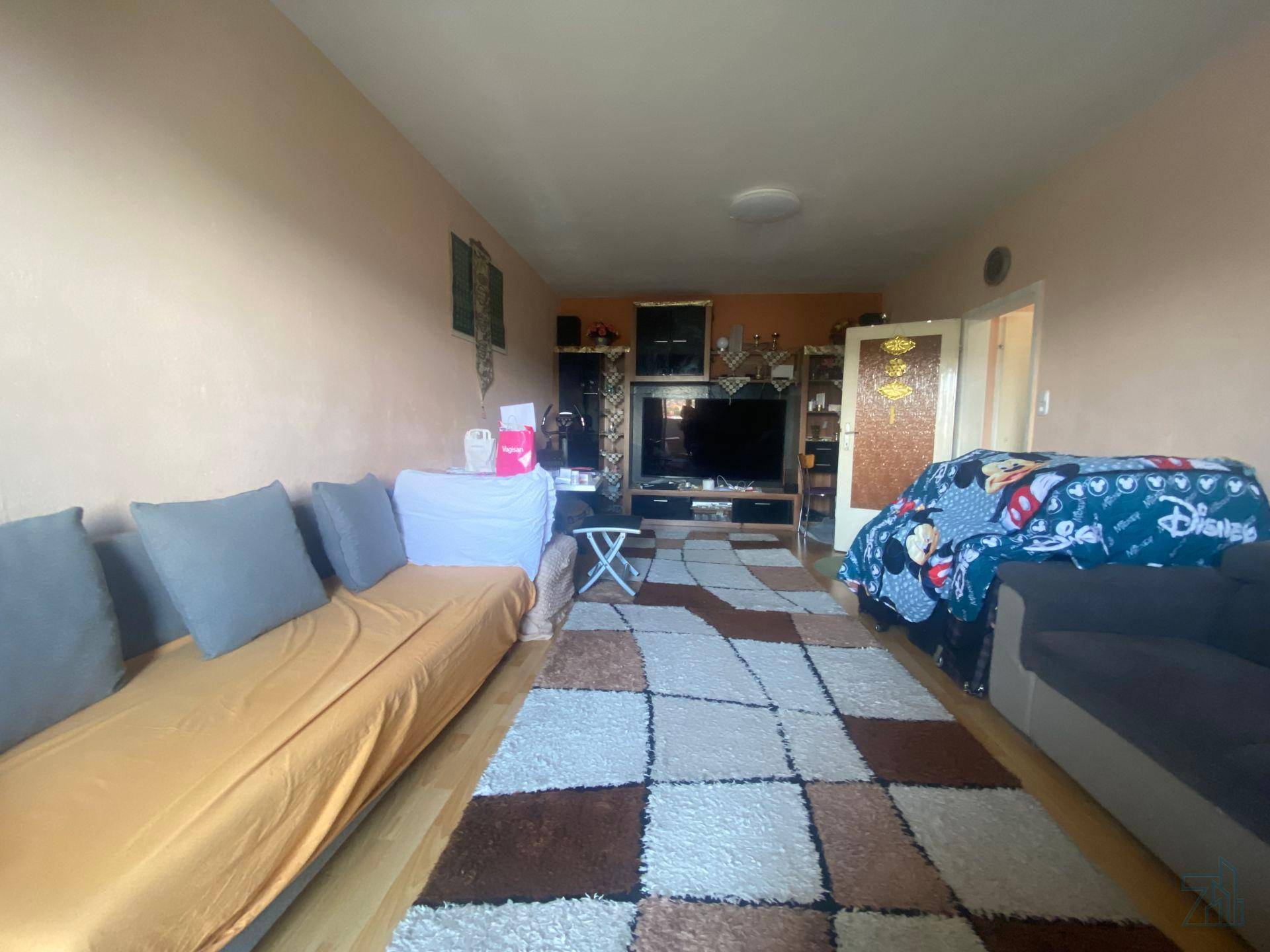 Wohnzimmer mit zwei Sofas, einem Fernseher und einem großen, gemusterten Teppich.