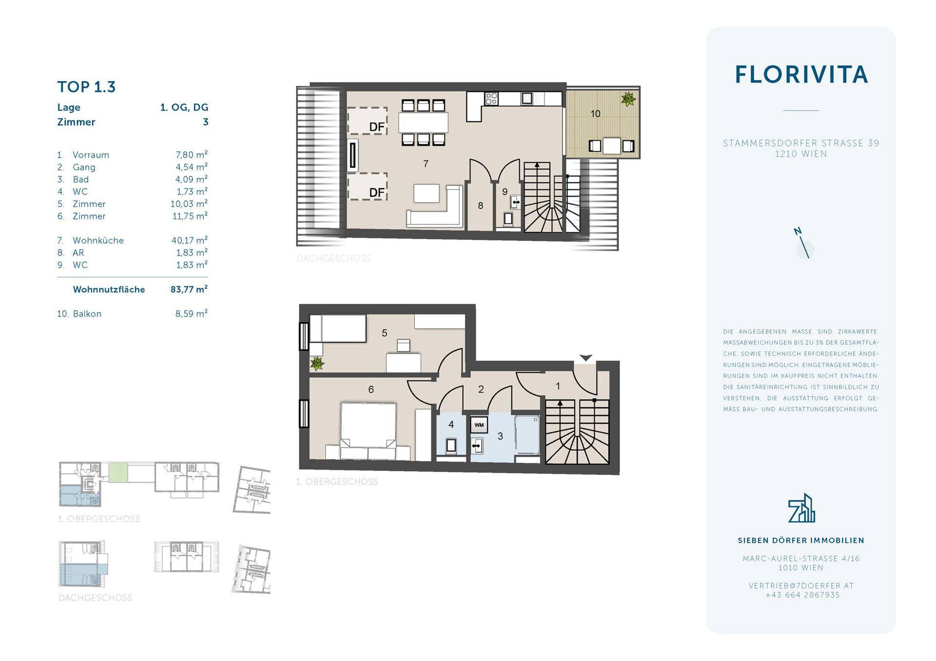 Detaillierter Grundriss der Wohnung TOP 1.3 mit zwei Ebenen und Balkon.