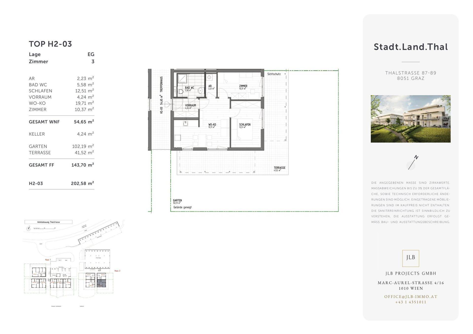 Detaillierter Grundriss der Einheit H2-03 im Erdgeschoss mit Garten und Terrasse.