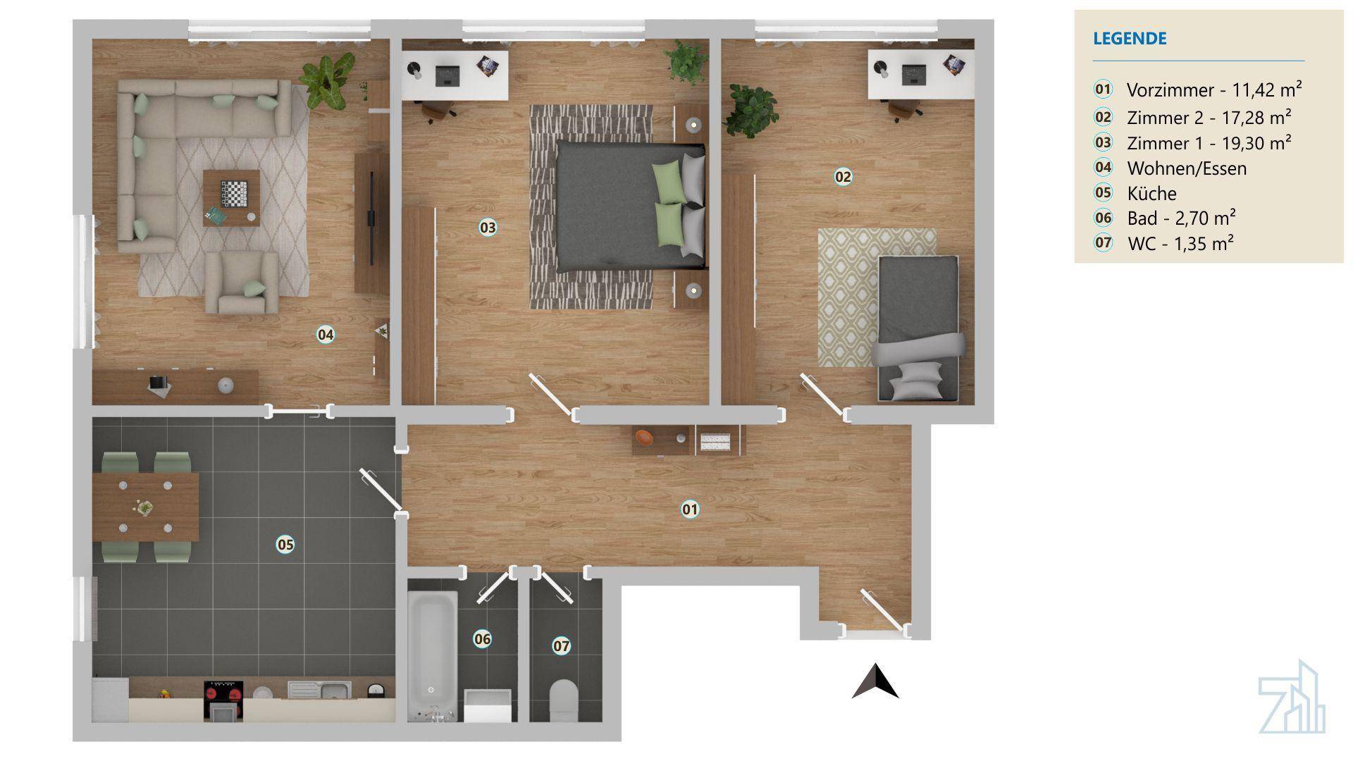 Detaillierter Grundriss der Wohnung mit Möblierung und Raumaufteilung.