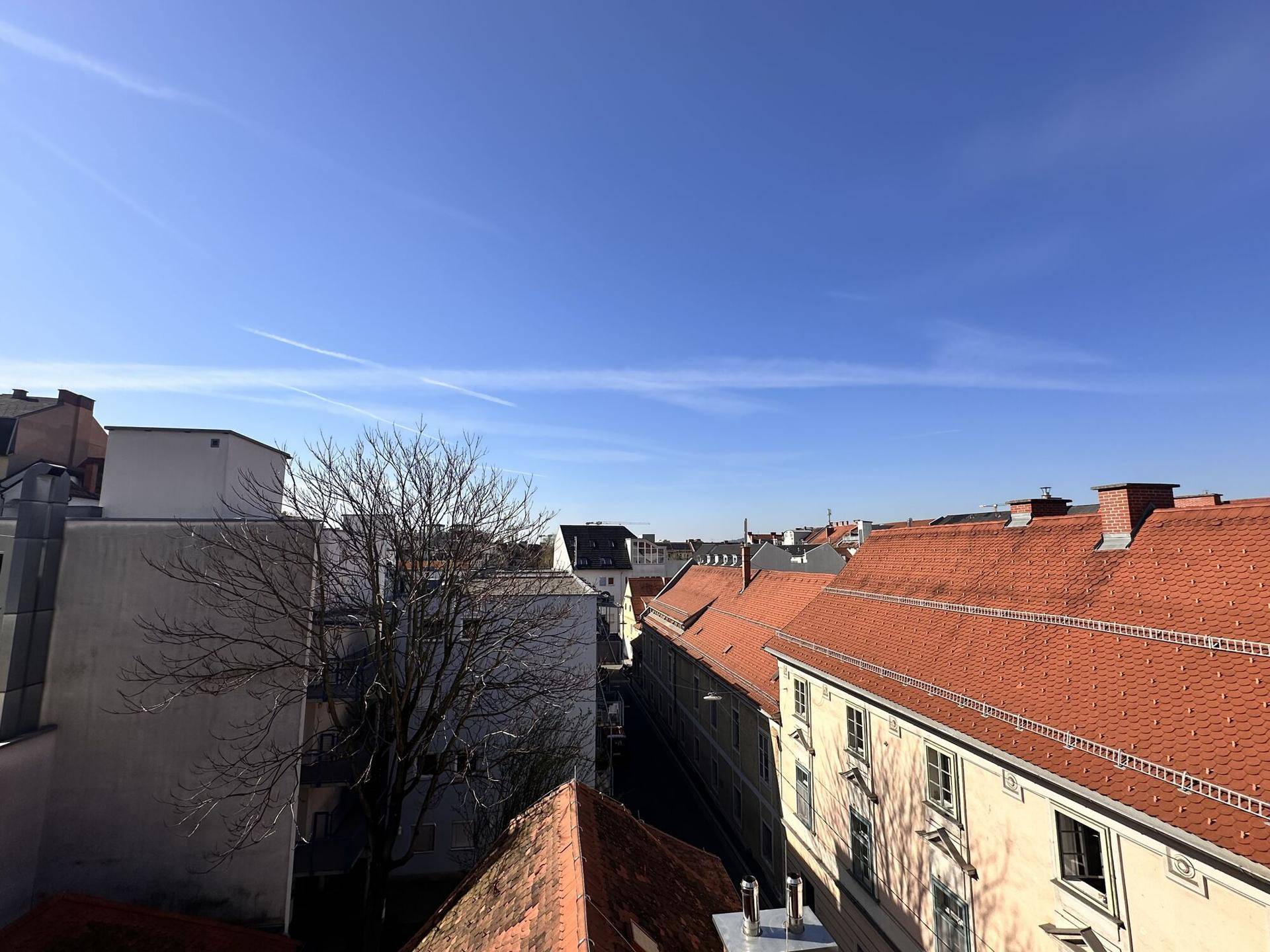 Panoramablick über die Dächer der Stadt unter einem klaren blauen Himmel.