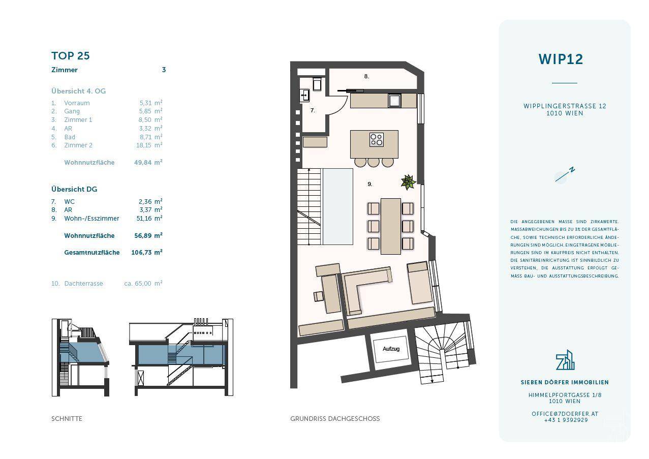 Grundriss eines Dachgeschosses mit offenem Wohn-Essbereich, Küche, WC und Zugang zu einer Dachterrasse, inklusive Aufzug.