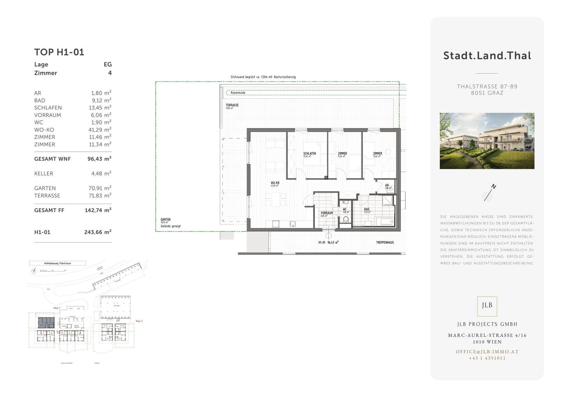 Detaillierter Grundriss der Wohnung H1-01 mit Terrasse und Gartenanteil.