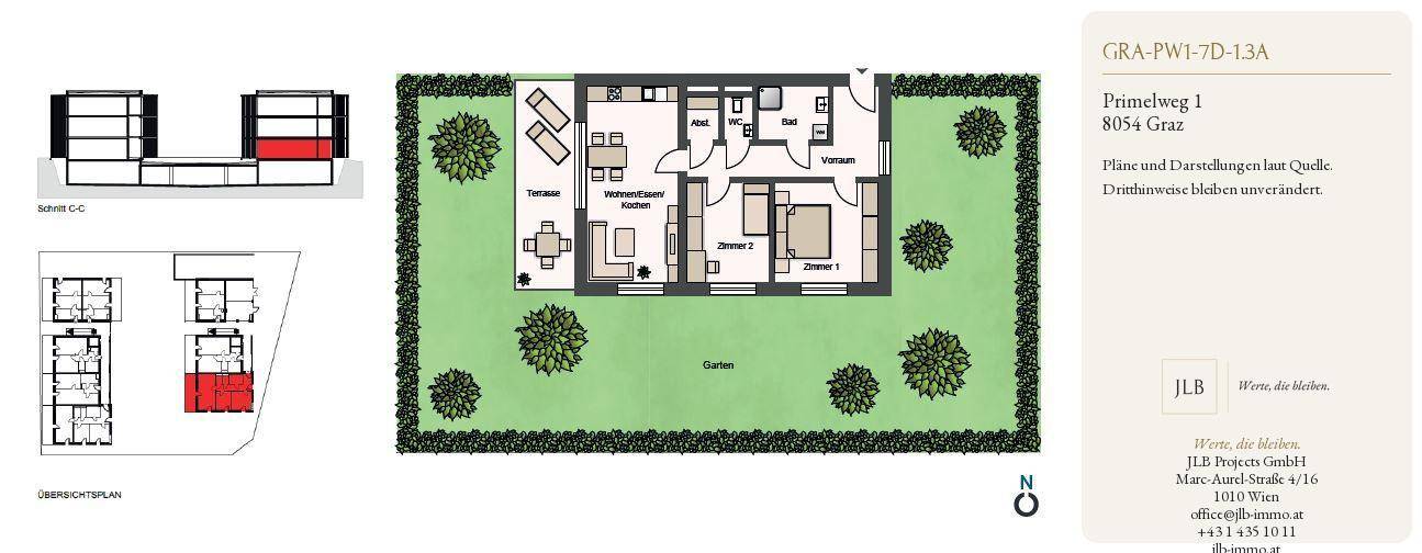 Grundriss einer modernen Wohnung mit offenem Wohnbereich, zwei Schlafzimmern, Terrasse und eigenem Garten.