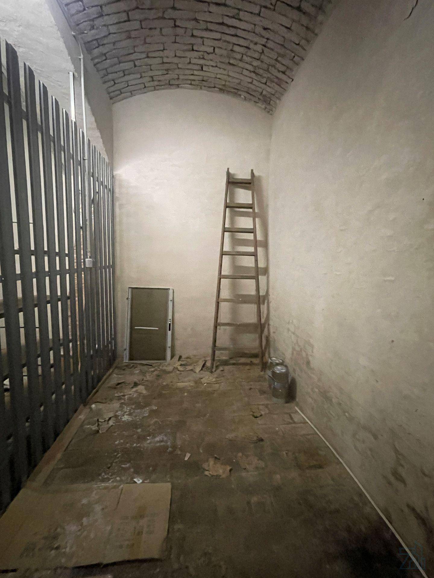 Unausgebauter Kellerraum mit gewölbter Ziegeldecke und einer Leiter, ideal als Lager.