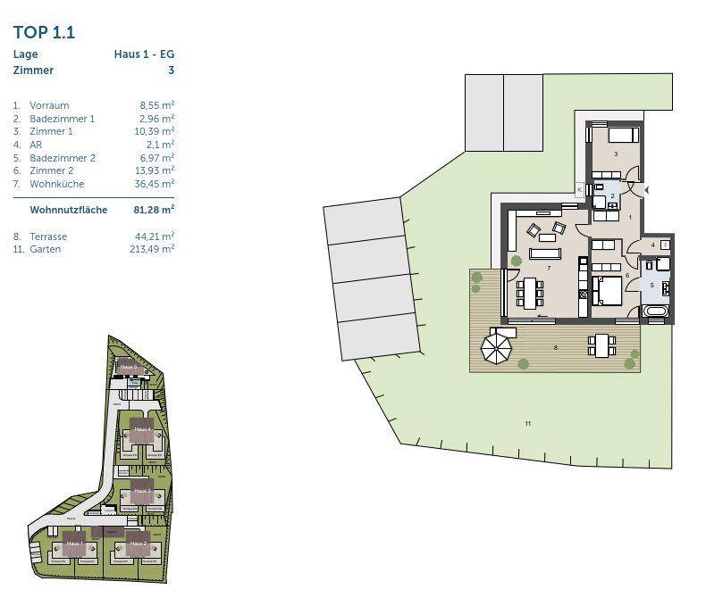Grundriss des Erdgeschosses von Haus 1 mit Wohnküche, zwei Bädern und großer Terrasse.