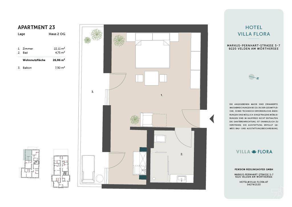 Grundriss der Wohnung 23 mit Schlafzimmer, Bad und Balkon, Gesamtfläche 22.11m².