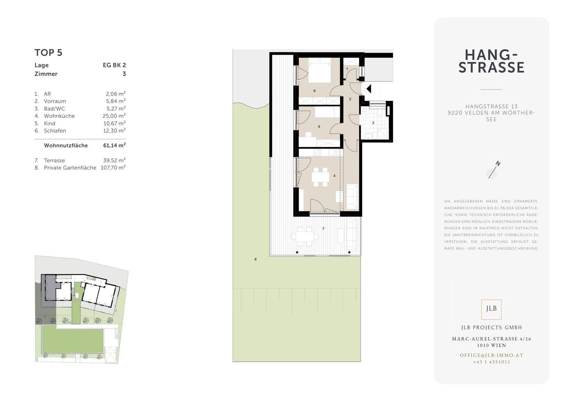 Detaillierter Grundriss einer Wohnung mit Terrasse und privater Gartenfläche.