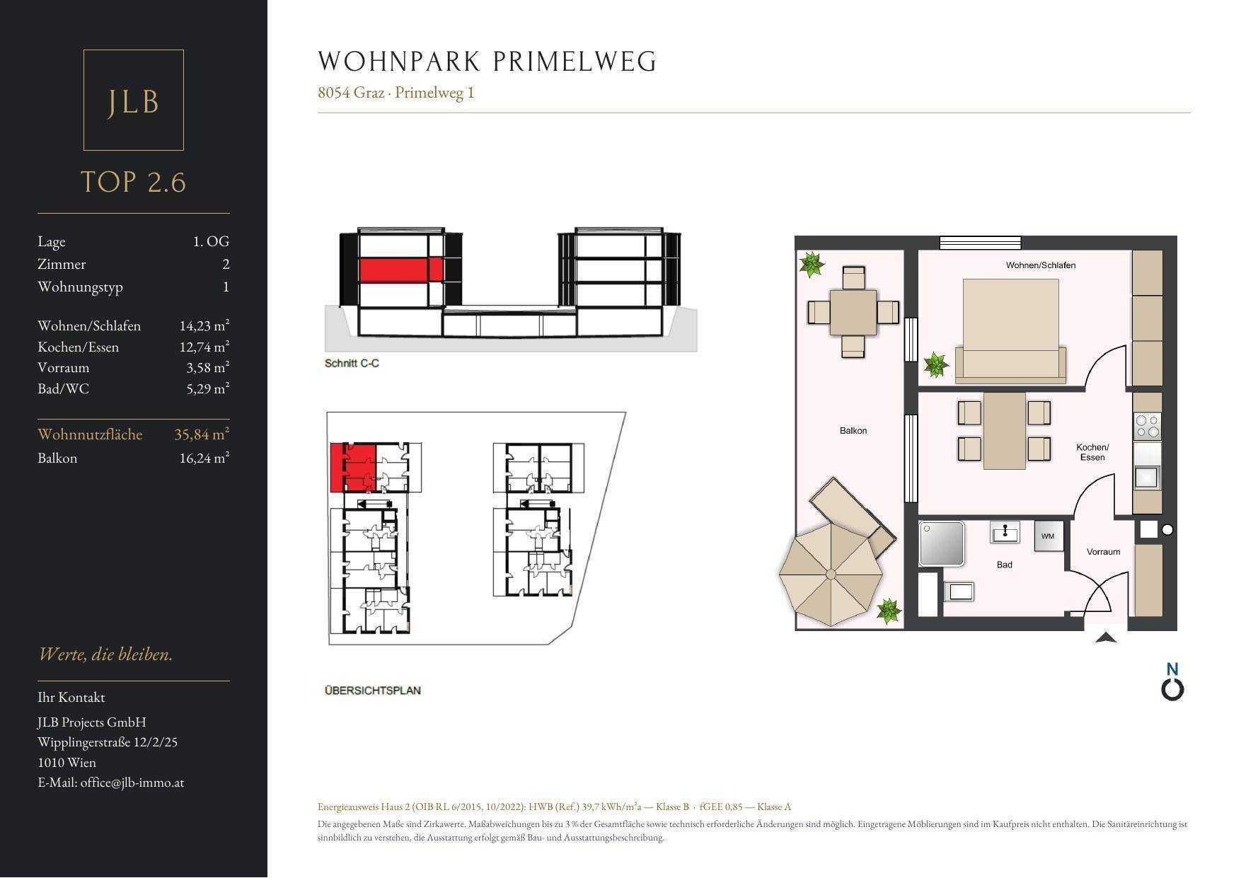 Detaillierter Grundriss der Wohnung TOP 2.6 mit Wohn-/Schlafbereich, Küche/Essen und Balkon.