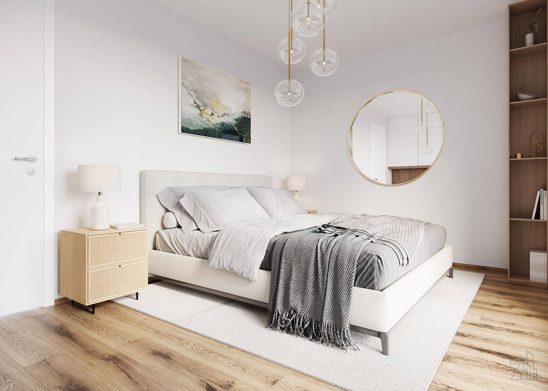 Modernes Schlafzimmer mit Doppelbett, Holzboden und minimalistischer Einrichtung.