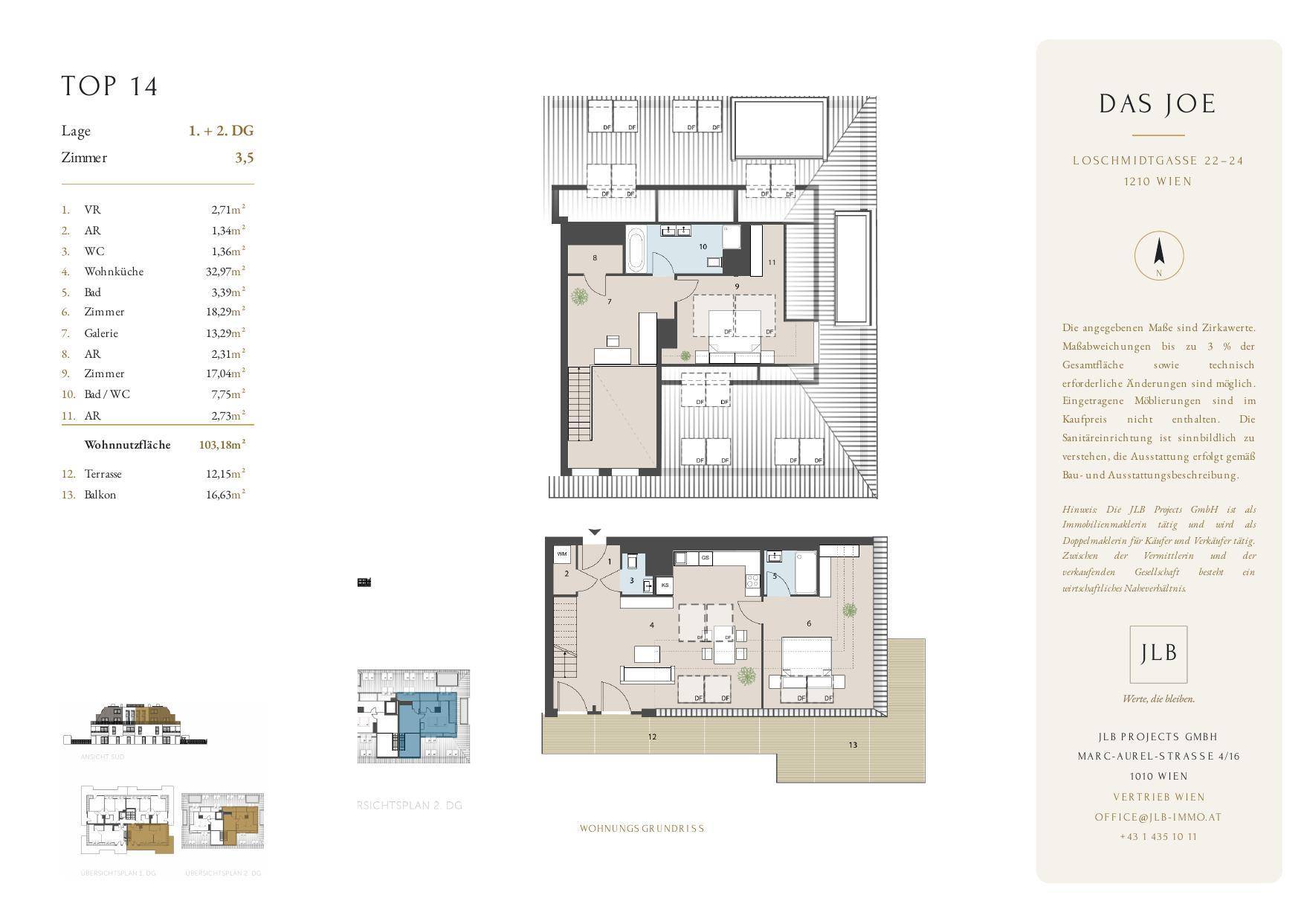 Detaillierter Grundriss der Wohnung "TOP 14" mit Wohnflächenangaben und Balkon.