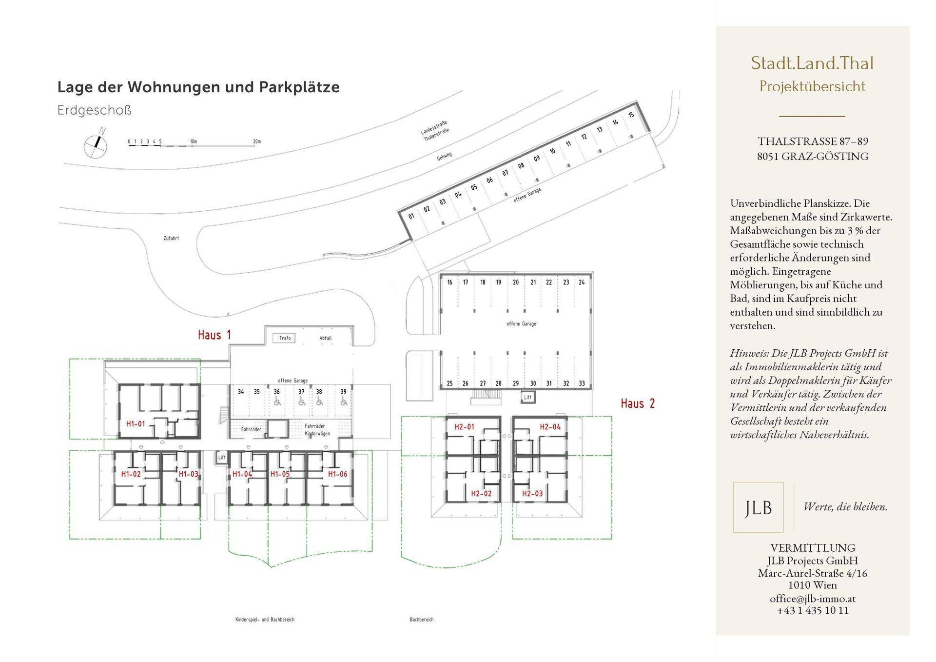 Übersichtsplan des Erdgeschosses mit Wohnungen, Gärten, Terrassen und Parkplätzen für ein Neubauprojekt.