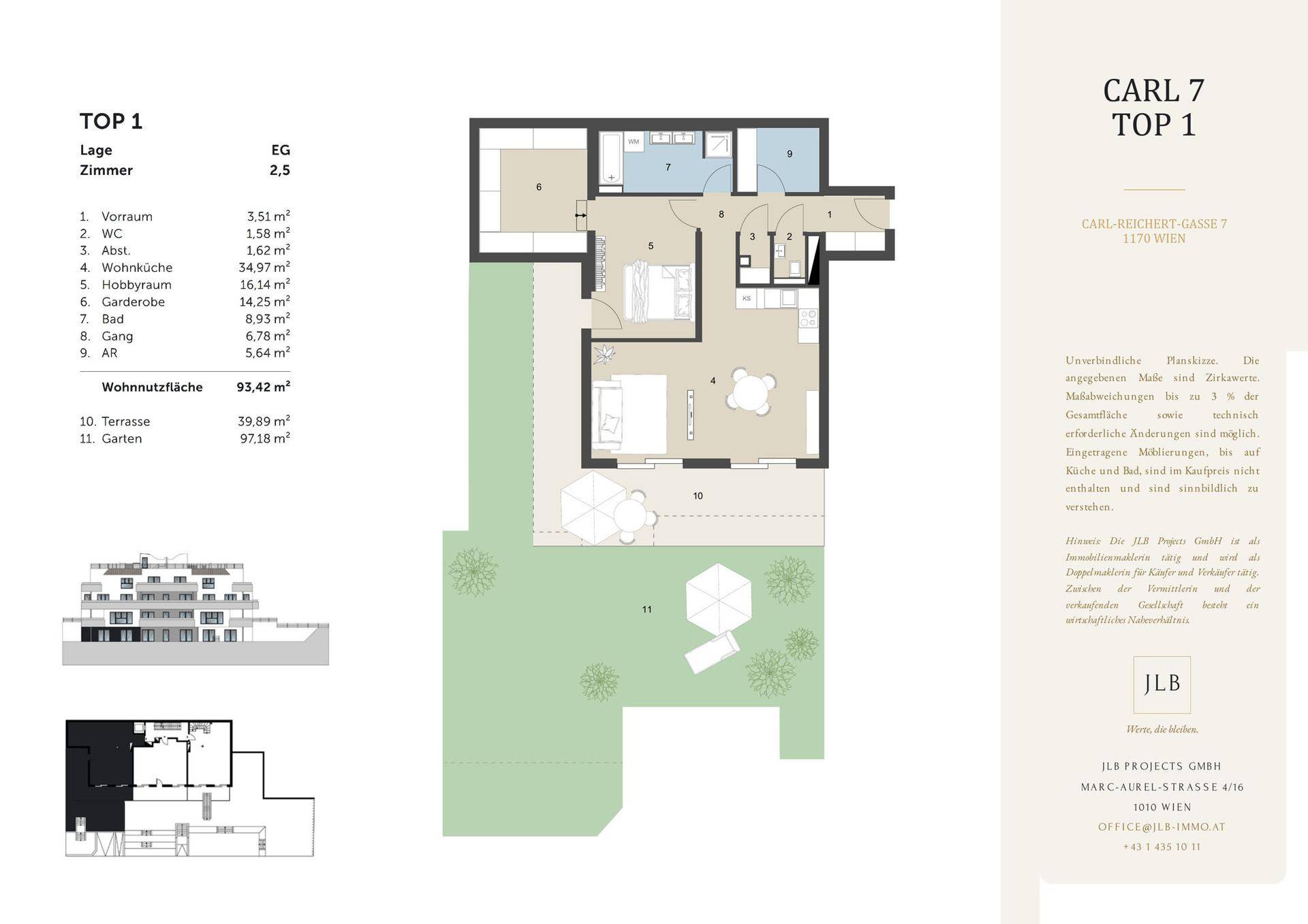 Grundriss der Wohnung TOP 1 im Erdgeschoss mit Wohnküche, Hobbyraum, Terrasse und großem Garten.