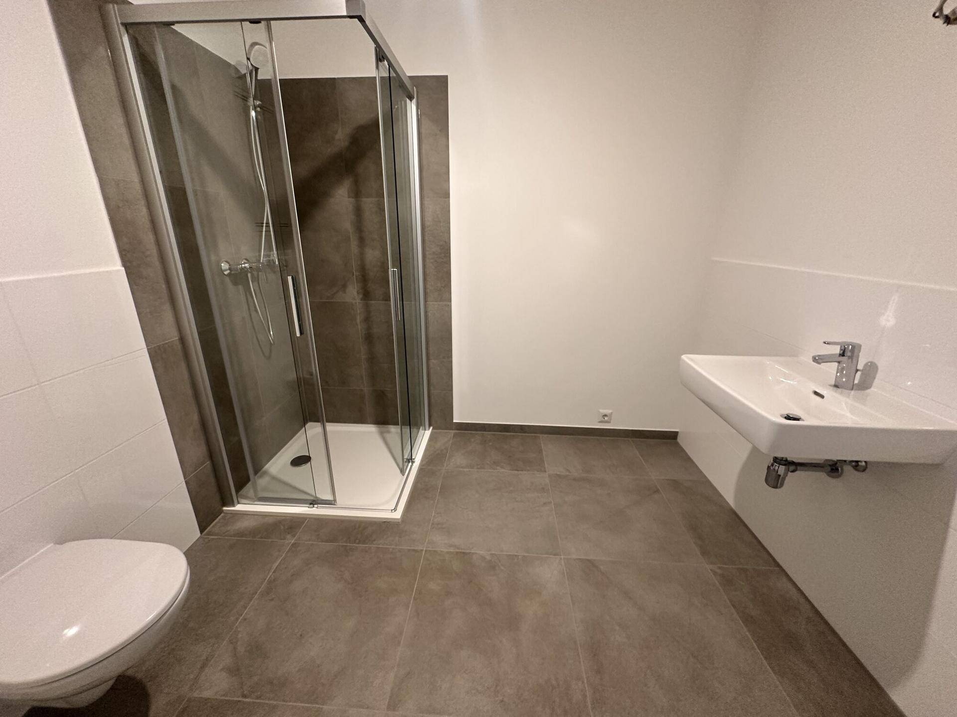 Modernes Badezimmer mit Duschkabine, Wand-WC und großformatigen Fliesen.
